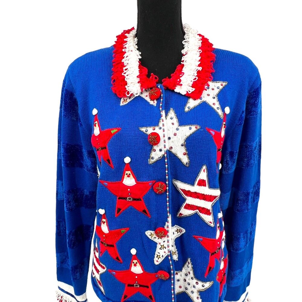 Jack B Quick Women Blue Christmas Santa Sweater Star Beaded Embroidered Large